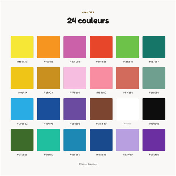 Nuancier des 24 couleurs du pack de feutres acryliques Qoloriqo