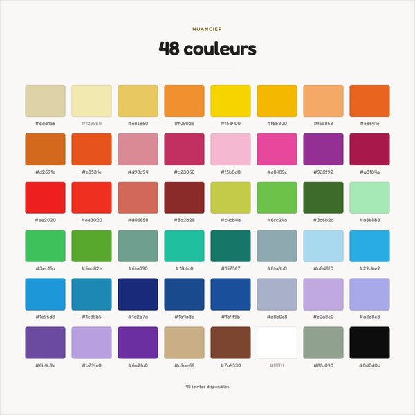 Nuancier des 48 couleurs du pack de feutres acryliques Qoloriqo